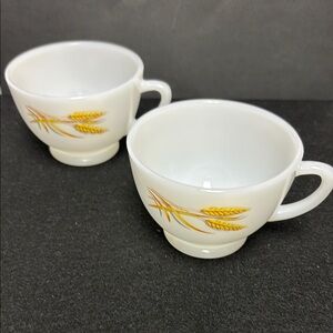 Anchor Hocking Milk Glass Tea Cups (Pair) Golden Wheat Pattern